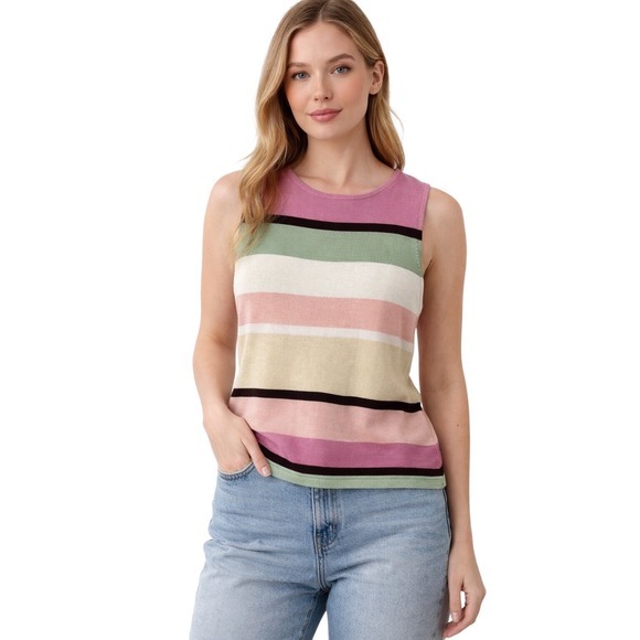 Parisian Signature Petite Tops - Parisian Signature Petite 100% Silk Striped Sleeveless Knit Top Pink Green PL